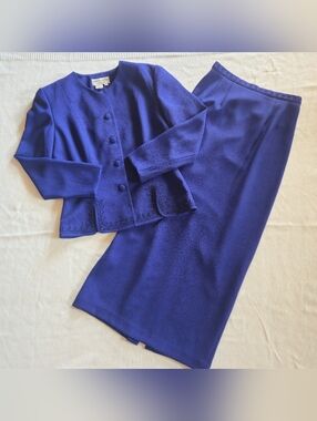 Vintage Adrianne Papell Beaded Skirt Suit Set Blue Formal Womens 6